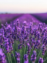 Obraz premium Lavender field in bloom, vibrant purple flowers against a clear sky.
