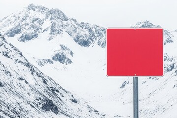 Red empty signpost in snowy mountain landscape, white isolate background.