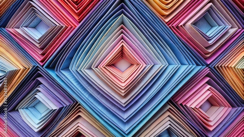 Poster overlapping layers of geometric shapes.