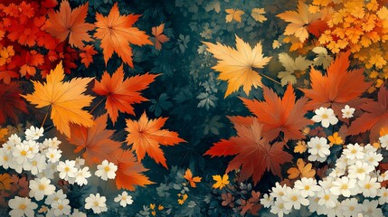 Vibrant autumn leaves with white flowers on a dark background.