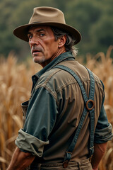 Middle-aged man with a beard and mustache, wearing a brown hat and overalls, stands in a field of golden wheat, with a serious expression, suggesting he might be a farmer or a worker in agriculture.