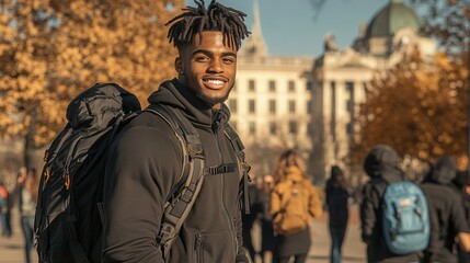 Fototapeta premium Young man with a backpack smiling outdoors in an urban setting during autumn. The background features people and colorful trees.