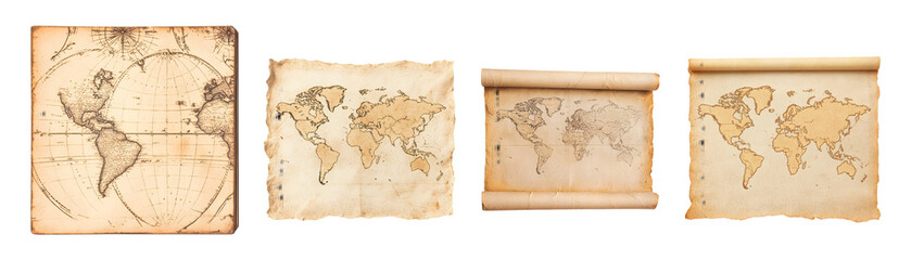 Vintage maps showcasing various world outlines on aged paper.