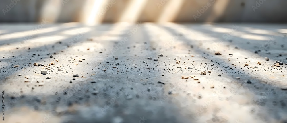 Aufkleber close-up of a concrete floor with small debris scattered across its surface, illuminated by soft sun