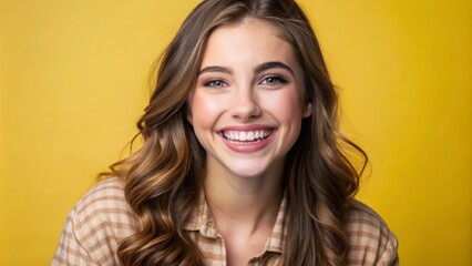 Naklejka premium Joyful young woman posing against a vibrant yellow backdrop.