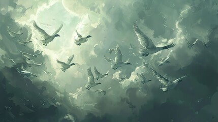 Flock of Birds Soaring Through the Clouds