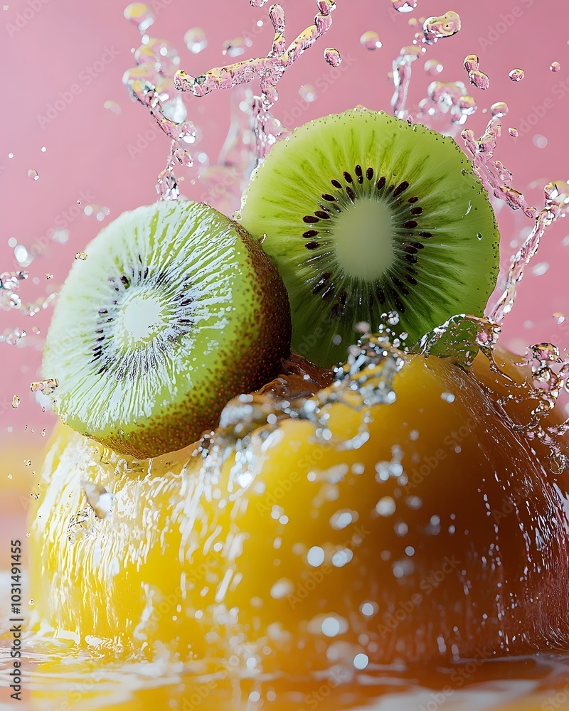 Poster fresh kiwi fruit slices splashed with water, creating a vibrant and refreshing image.