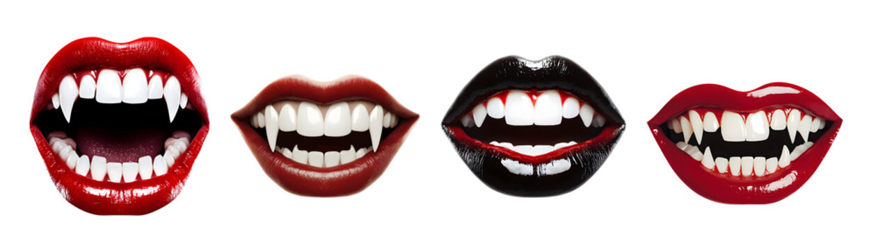 Four sets of lips showcasing vampire fangs in various colors and styles.
