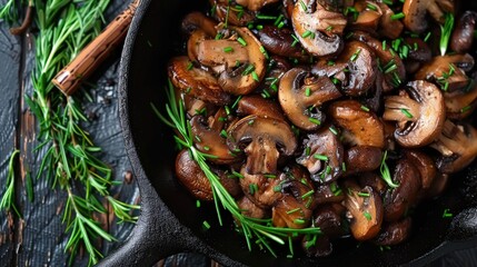 Fototapeta premium Gourmet Mushroom Fry with Fresh Rosemary