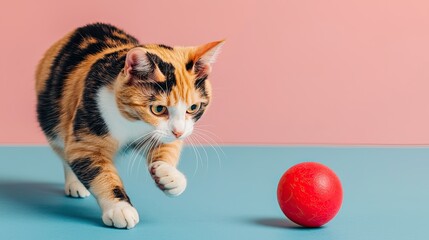A playful cat approaches a vibrant red ball on a colorful surface, showcasing curiosity and energy in a lively setting.