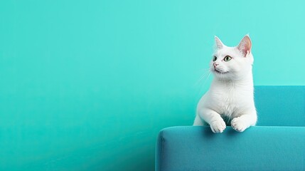 A white cat sits on a blue couch against a turquoise wall, exuding a calm and playful ambiance.