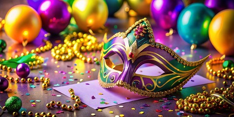 Obraz premium Mardi Gras Party Invitation with Elegant Mask and Festive Decorations