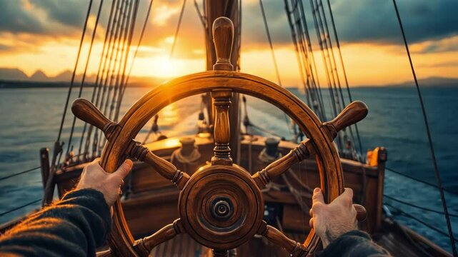 A wooden ship's steering wheel, hands on it, at sunset over water.