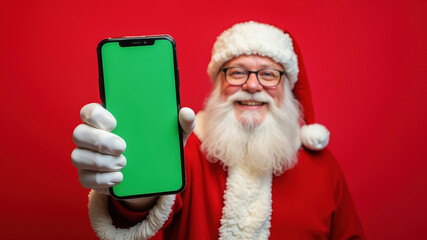 Cheerful Santa Claus shows us a smartphone with a green screen isolated on a bright red background. Mockup. 