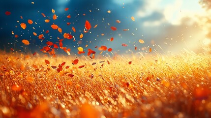 Golden field with falling autumn leaves and sunset sky.
