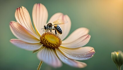 Beautiful pink echinacea bloom with a honeybee collecting pollen in a summer garden