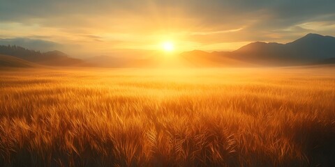 Golden wheat field bathed in the warm glow of a sunrise, creating a serene and peaceful landscape.