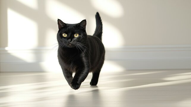 A playful black cat trots across a sunlit floor, showcasing its sleek fur and bright yellow eyes.