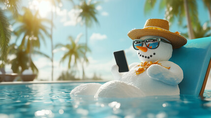 Funny snowman lounging in a tropical pool, scrolling on a phone, blending holiday relaxation and technology. Image made using Generative AI