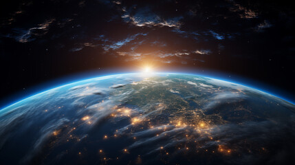 Obraz premium Planet Earth with detailed relief and atmosphere. Blue space background with earth and galaxy.