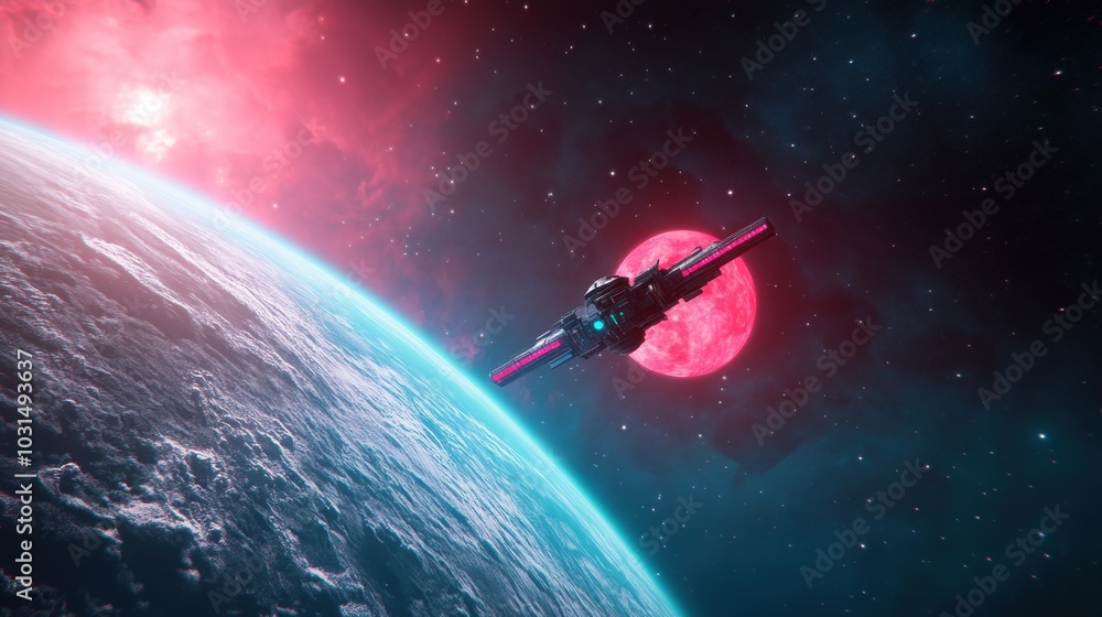 Poster a space station orbiting a planet with a futuristic, minimalist design, showcasing a strategy that e