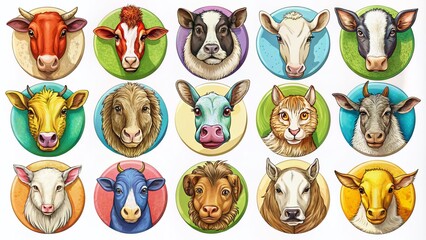 Obraz premium Mega Collection of Hand-Drawn Face Icons Pack - Isolated Farm Animal Silhouettes and Profile Buttons Vector