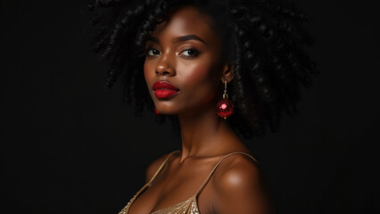 Portrait of a beautiful African American female model with Christmas-themed red baubles earrings and festive make-up posing on a black background and looking at the camera. Copy space. 