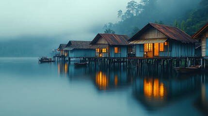 Fototapeta premium A row of wooden stilt houses with lights on, reflecting in the calm water of a lake in the morning mist.