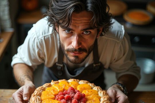 Bearded man, possibly a chef or baker, is holding up a pie with a fruit topping on it, looking intently at the camera.