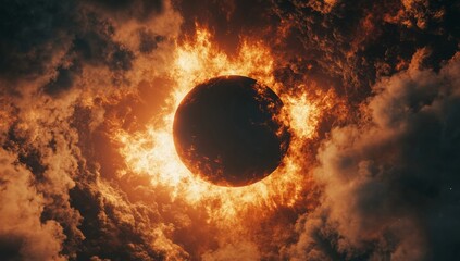 Obraz premium A fiery sun-like sphere surrounded by clouds, emitting light and flames.