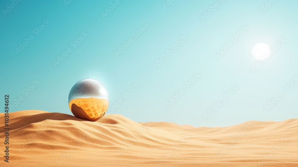 Poster a massive, metallic sphere, half buried in the sand, emits a pulsating light, creating a surreal ima