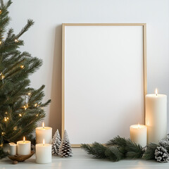 christmas mockup poster on wood frame around with christmas tree and candles,  white picture frame on white background