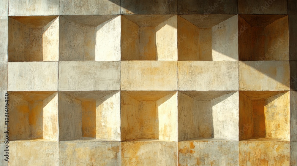 Poster uniform abstract squares aligned in a row, subtle shadows adding depth, minimalist design, modern ae