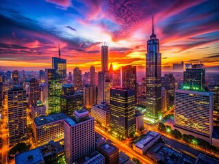 Obraz premium Mesmerizing Neon Urban Skyline at Twilight - Transition from Day to Night in Silhouette Photography