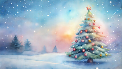 Gentle watercolor winter landscape with Christmas tree, sparkling lights, and soft snowflakes