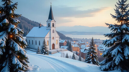Winter sunset view of a white church amidst snow-covered trees and cozy village streets