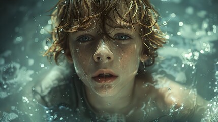 Fototapeta premium Boy Underwater: A Close-Up Portrait with Water Drops