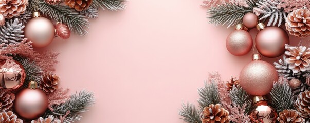 Christmas pine cones and baubles on a light pink background with rose gold accents create a festive holiday border