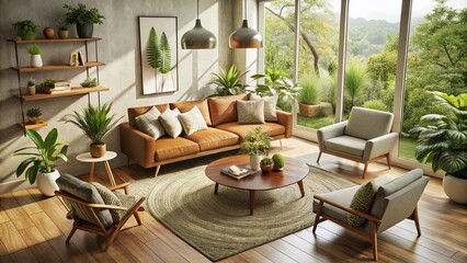 Obraz premium MidCentury Modern Living Room with Natural Elements - Cozy and Stylish Interior Design