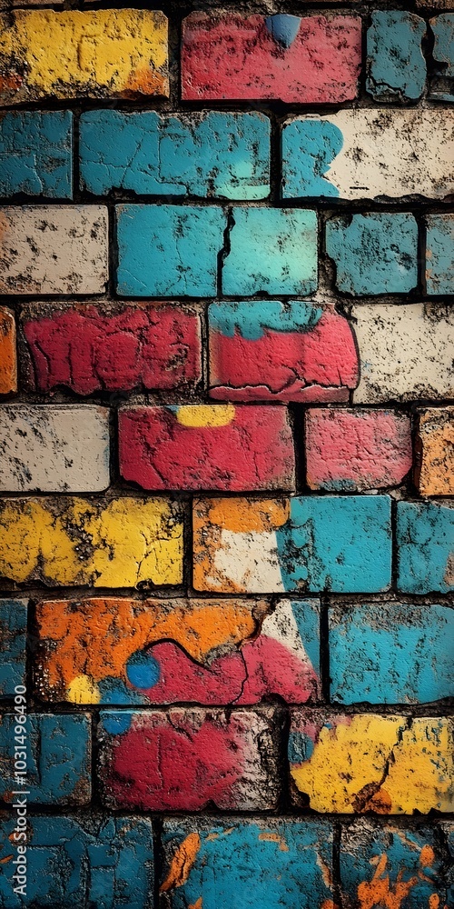 Poster a close-up shot of a colorful brick wall, painted in a vibrant array of hues, creating a visually st