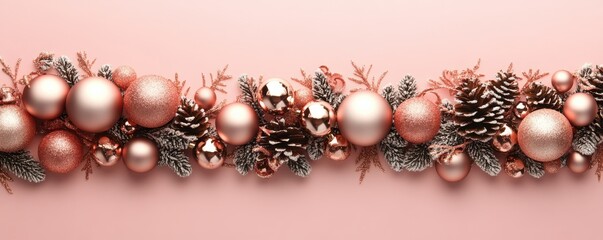 Elegant Christmas border with rose gold ornaments and frosted pine branches on a light pink background, perfect for holiday greeting cards