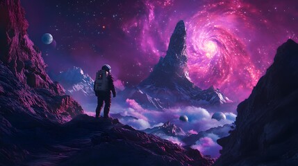 Astronaut Gazing at a Cosmic Spiral in a Mountainous Alien Landscape