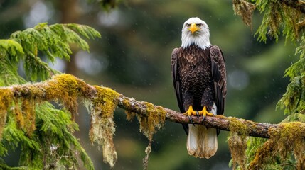 A Bald Eagle perches on a branch in a lush forest, its sharp eyes focused on the surroundings.