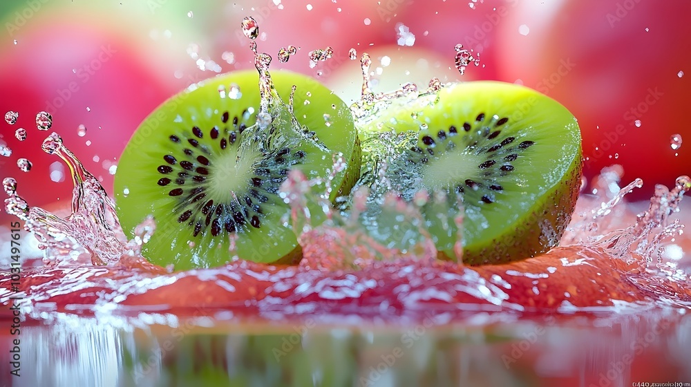 Poster fresh kiwi fruit slices splashing into water, creating a vibrant and refreshing image.
