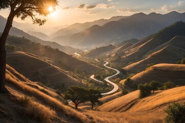 Winding Road Through Golden Hills at Sunset