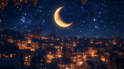 An enchanting cityscape during a lunar eclipse