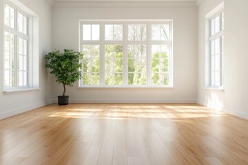 Bright and airy empty room with large windows and a potted plant, perfect for interior design inspiration or modern living spaces.