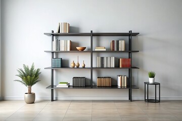 Minimalist Black Bookshelf Against White Wall for Modern Interiors - Perfect Copy Space for Text and Graphics Design