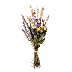 A beautiful bouquet of dried flowers featuring lavender, wheat, and colorful accents, perfect for home decor and arrangements.