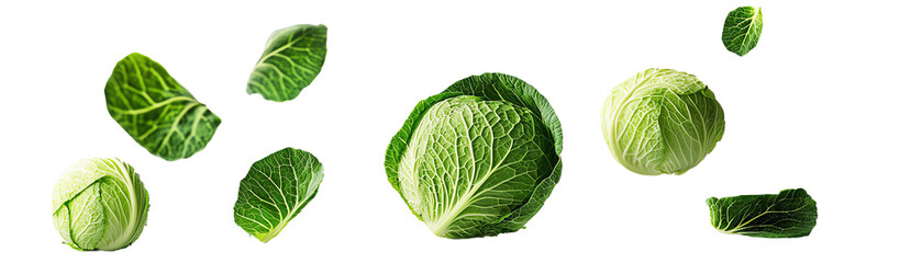Fototapeta premium Fresh green cabbage leaves scattered on a white background, perfect for healthy cooking and vibrant food presentations.